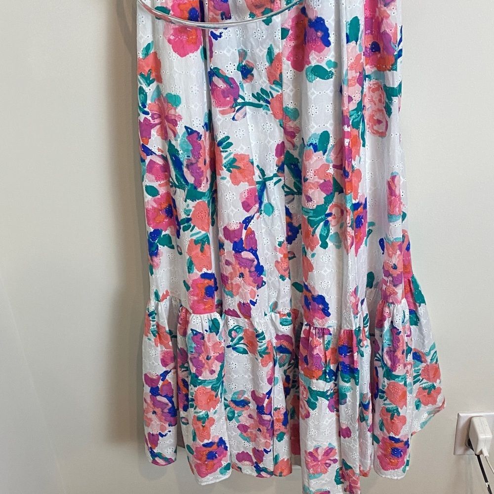 NWT TAYLOR Belted Scoop Neck Dress White Floral Ruffle Skirt Misty Rose Size 12 - Picture 13 of 13